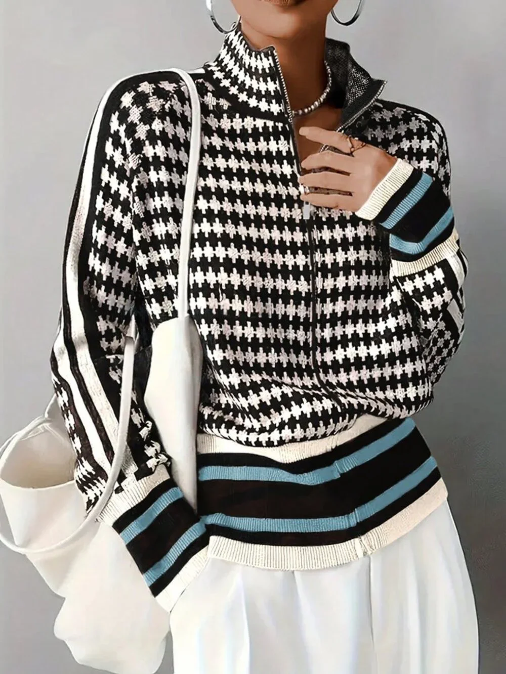 Blue And White Casual Women's Color Block Zipper Knit Stand Collar Cardigan